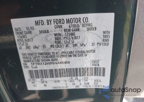 2006 Ford F-150 Stx/Xl/Xlt из США, поврежденный, VIN 1FTRX12W56NA49409